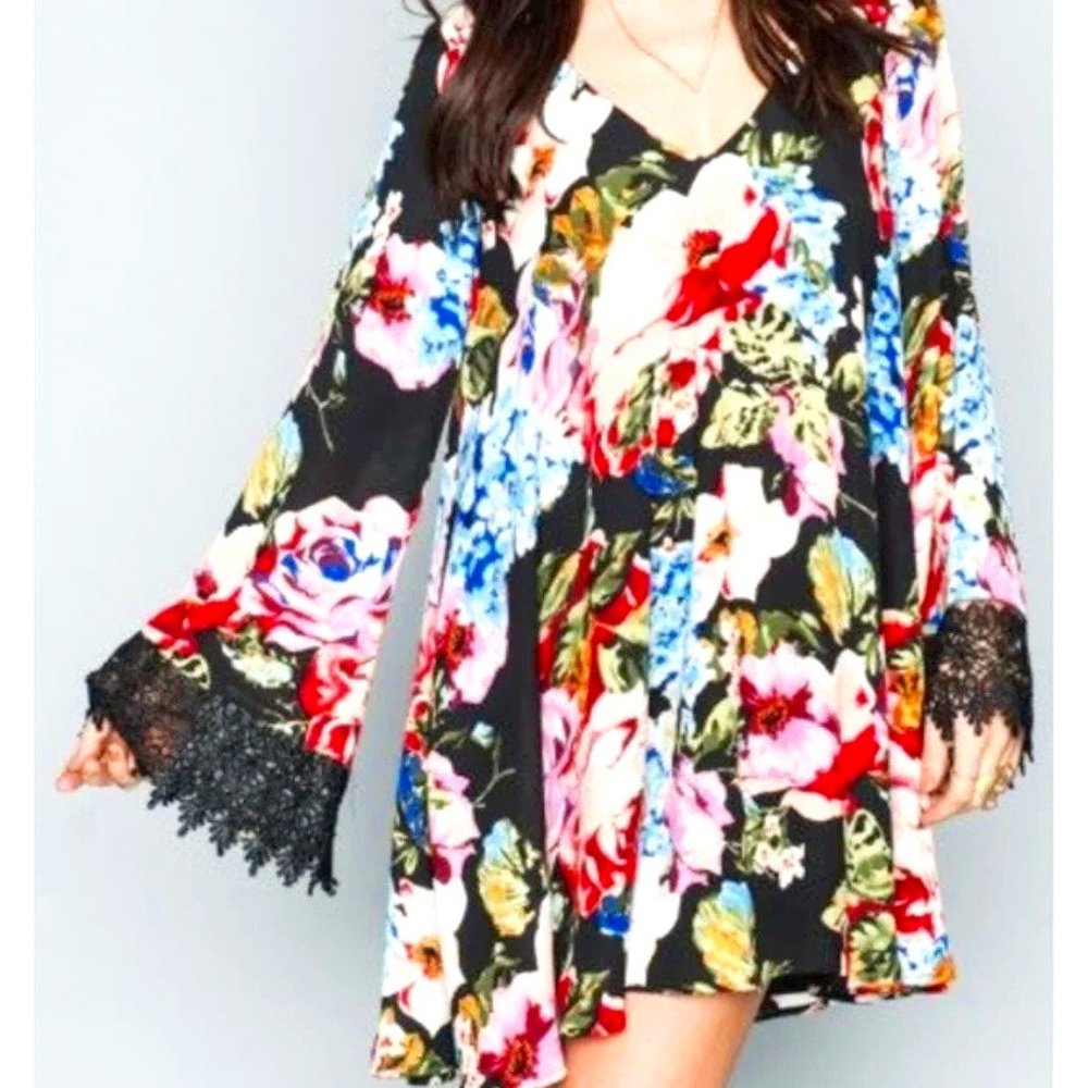 Show Me Your Mumu Dress Portabella Black Floral Mini Swing LS Boho Witchy SMALL